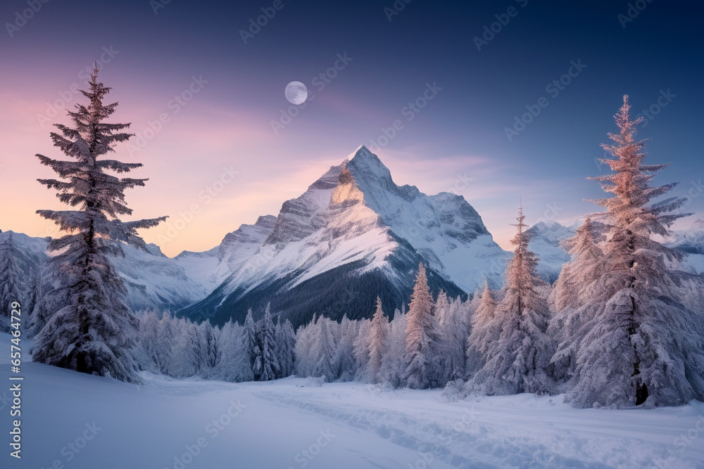 Breathtaking snowy landscape and Christmas trees on a frosty sunny day. 