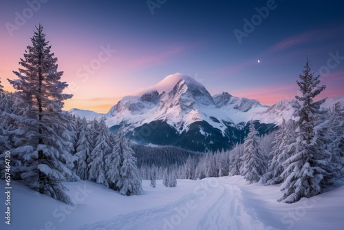 Incredible winter landscape with snowcapped fir trees. Amazing nature scenery in winter mountain valley. 