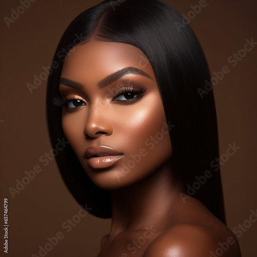 beauty shot of a black woman with bronze makeup and silky black hair