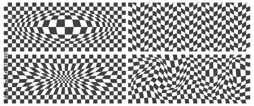 Checkerboard wavy pattern. Abstract chess square print. Black and white psychedelic optical illusion. Warped flag with geometric graphic. Y2k design for banner