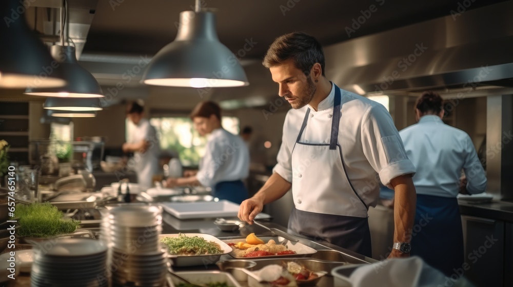 Professional chefs in a office canteen. Professional chefs in a office canteen.