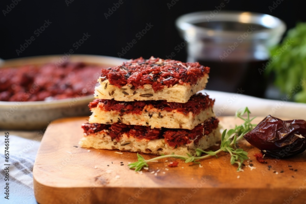 parmesan-topped focaccia with salami and sundried tomato spread - obrazy, fototapety, plakaty 