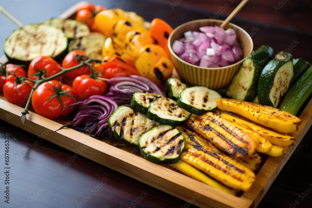 mixed grilled veggies on a bamboo tray