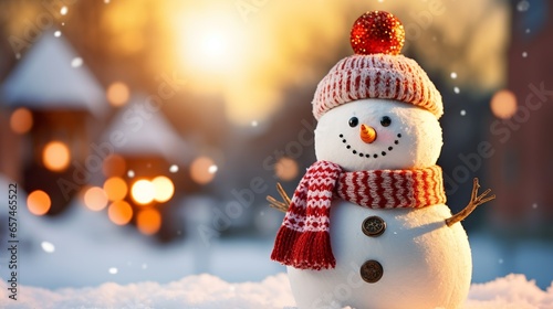 Christmas background with a cute cheerful snowman in the snow in a winter park with beautiful bokeh. Copy space winter backdrop with snowman. photo