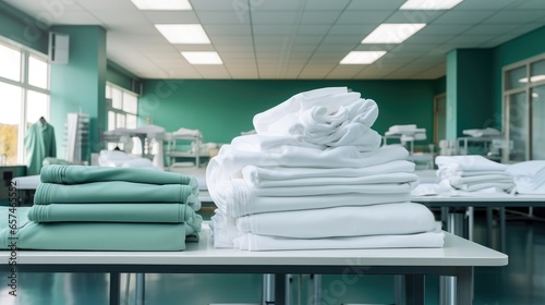Clothes and white bed linen healthcare sanitized for hospitals. © visoot