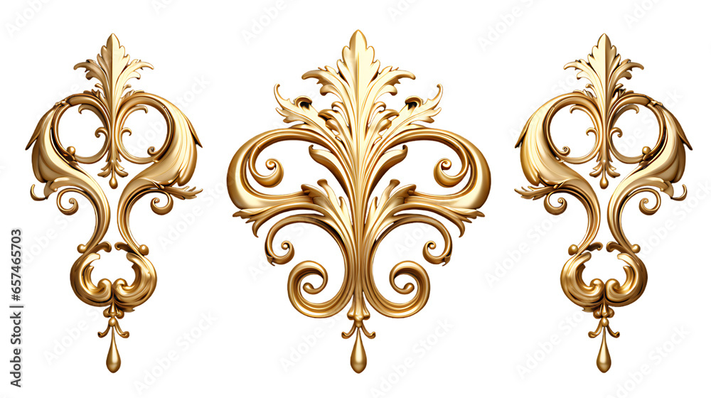 Golden Baroque Ornament 3D Set on White Background Golden Baroque Ornament 3D Set on White Background