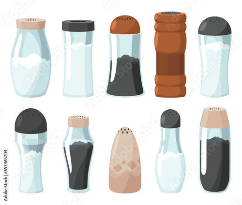 Salt and pepper icon set. Glass jars, saltcellar with kitchen seasonings, flavoring for sprinkling spicy powder. Ingredients, condiments for food. Vector illustration of spice powder food