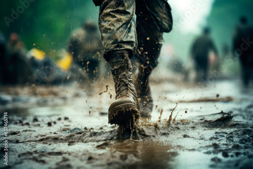 Close up legs of a soldier running on rainy muddy battlefield ground