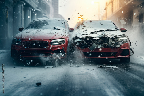 Collision of two cars on a  city street in winter © graja
