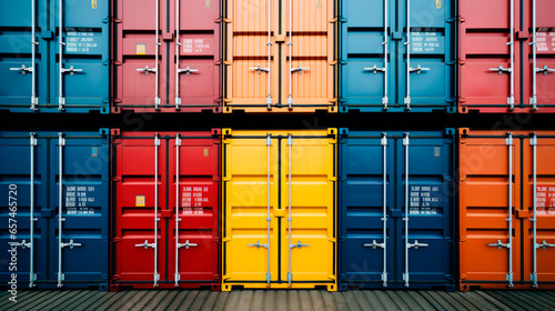 Colorful shipping containers lined up at a shipping port photo