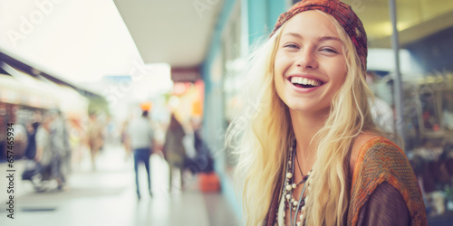 Joyful blonde hippie woman situated in front of a bustling shopping plaza.