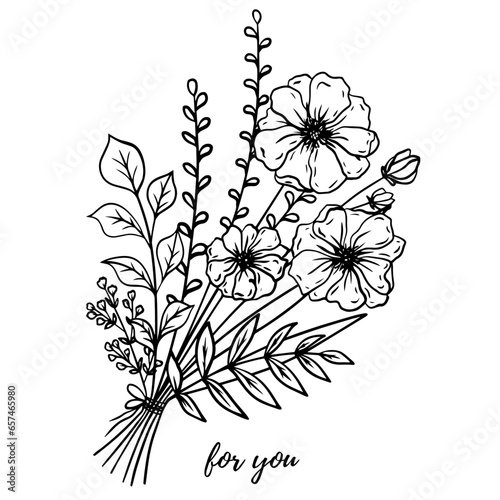 Flower bouquet vector. Hand drawn flower. Wildflower line art bouquets, wild plant, botanical vector illustration