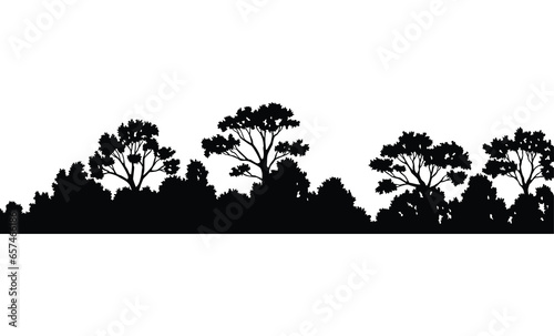Forest silhouette, natural wild landscape. Editable vector foreground of woodlands. Tees black silhouettes, detailed illustration