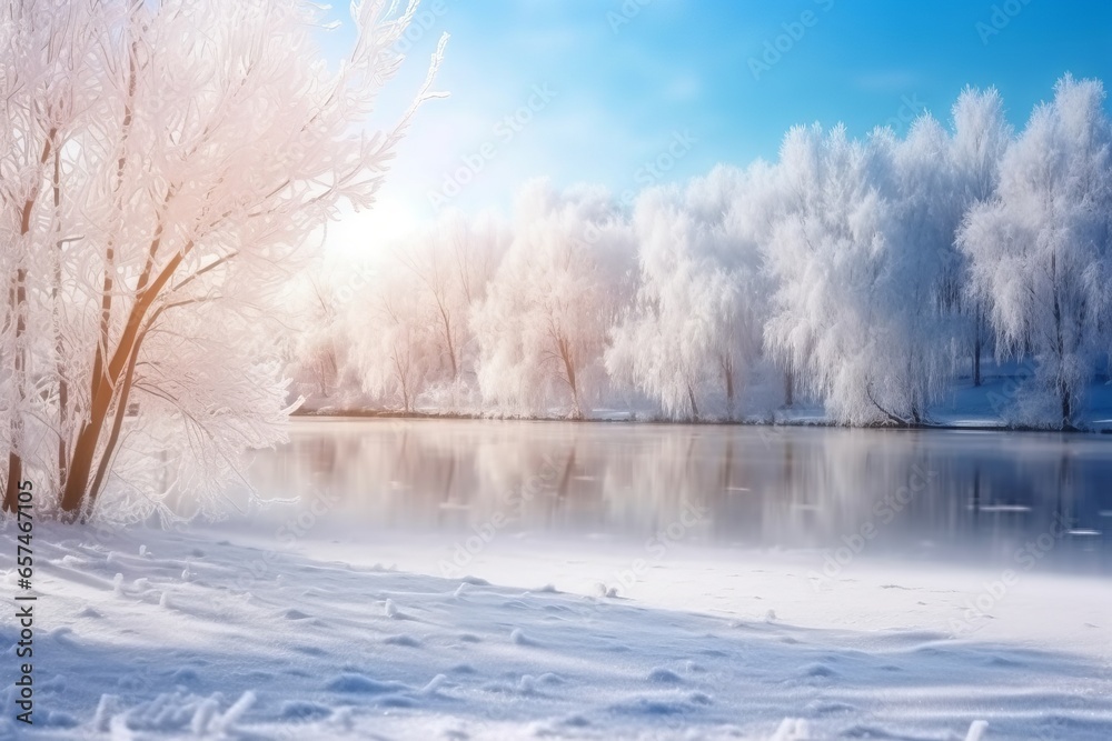 Winter landscape snow covered trees on a lake, lens flares, organic texture, joyful celebration of nature Winter landscape snow covered trees on a lake, lens flares, organic texture, joyful celebration of nature