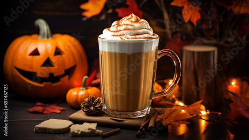 Cozy autumn pumpkin latte coffee creamy beverage with caramel drizzle, surrounded by an array of pumpkins, including one adorned with bat designs, and an ambient backdrop of warm glowing candles.