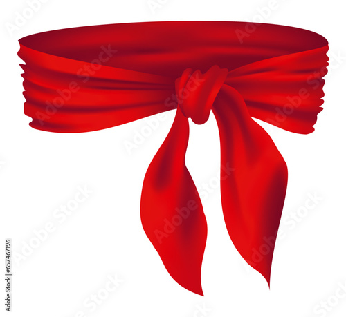 Red realistic bandana on neck. Youth fashion neck scarf or cowboy garment element template. Biker face scarf, bandanna neck shawl. Blank handkerchief unisex uniform. Western clothes