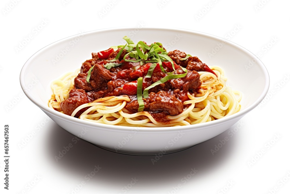 beef spaghetti on white bowl isolated on white background beef spaghetti on white bowl isolated on white background