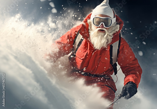 Santa clause is skiing with skiing glasses