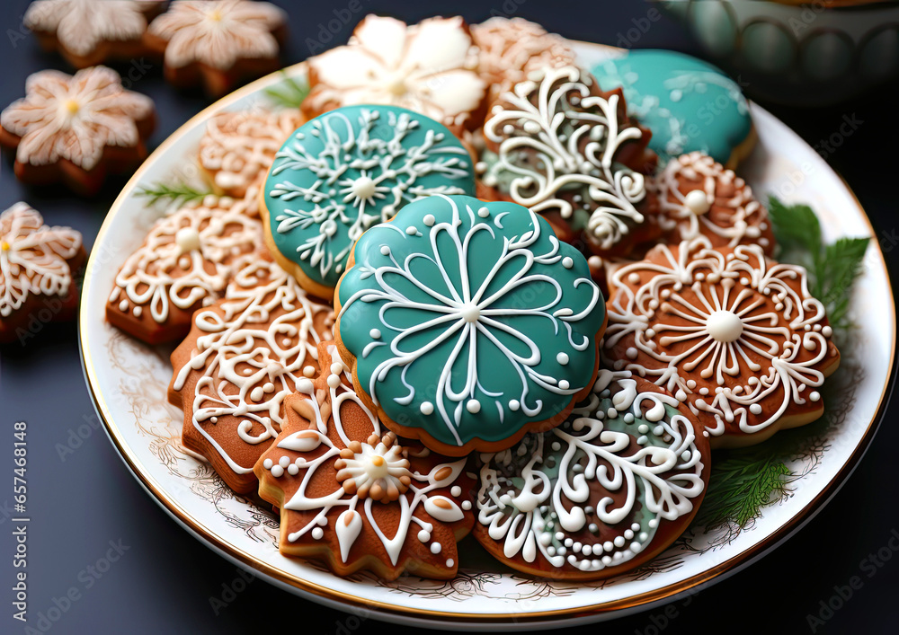 Christmas cookies covered with white and blue icing on a plate close up