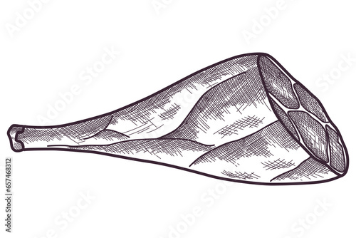 Hand drawn jamon. Gourmet meat. Isolated delicious engraving sketch. Dry cured farm natural product. Pork black and white drawing. Vector restaurant menu element illustration