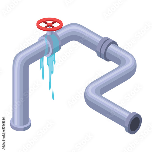 Leaking pipes isometric. Broken pipe tube with leaking water. Plumbing construction pipeline with damage element. 3d industrial water system