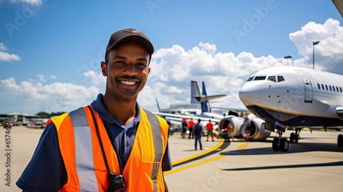 Portrait of Aircraft Maintenance Mechanic in Hangar. Airplane on Background.