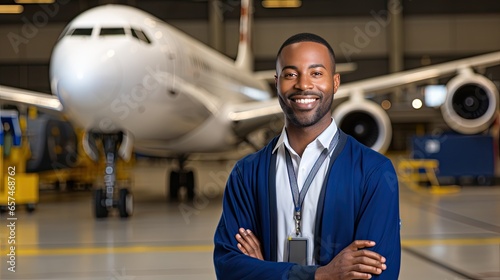 Portrait of Aircraft Maintenance Mechanic in Hangar. Airplane on Background. photo