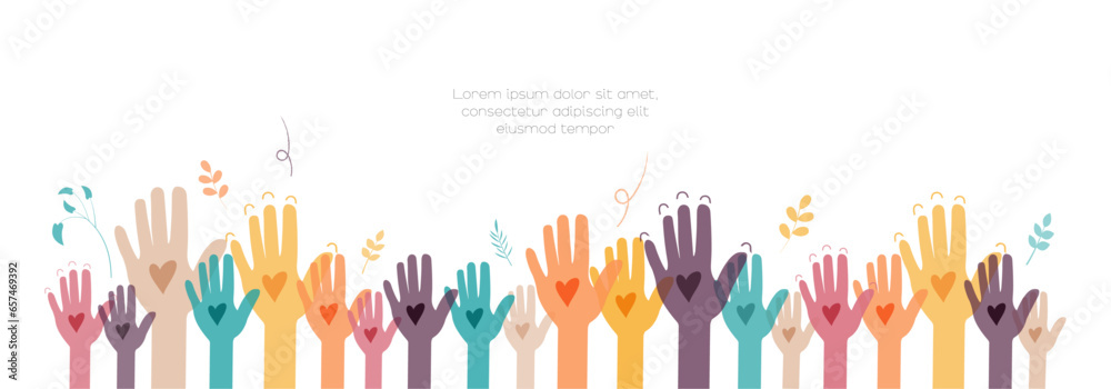 Raised hands. Volunteering, teamwork concert. Raised hands. Volunteering, teamwork concert.