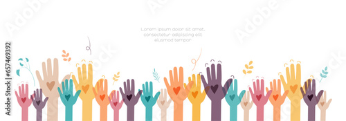 Raised hands. Volunteering, teamwork concert.