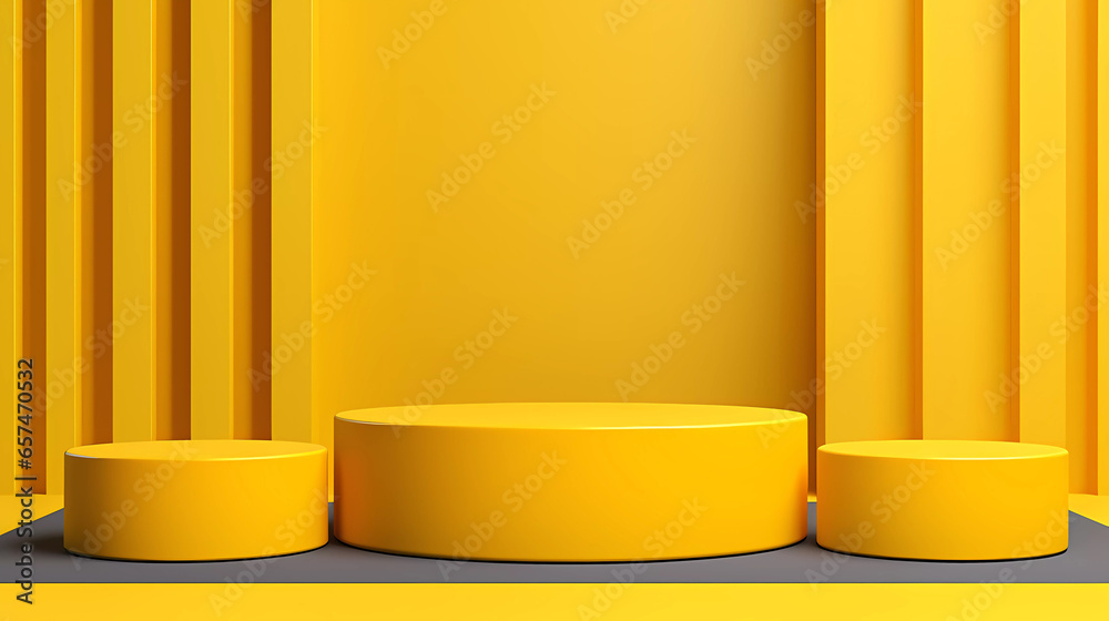Bright yellow rounded podium. 3D rendering podium colorful bright yellow background. Abstract background with minimalistic style for product display presentation. Bright yellow rounded podium. 3D rendering podium colorful bright yellow background. Abstract background with minimalistic style for product display presentation.