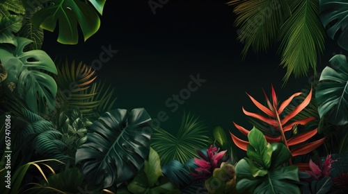 Abstract commercial background for advertisement with green leaves of tropical plants with copy space