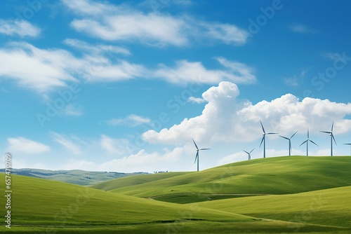 Field of big white windmill blue sky, green rolling hills photo realistic