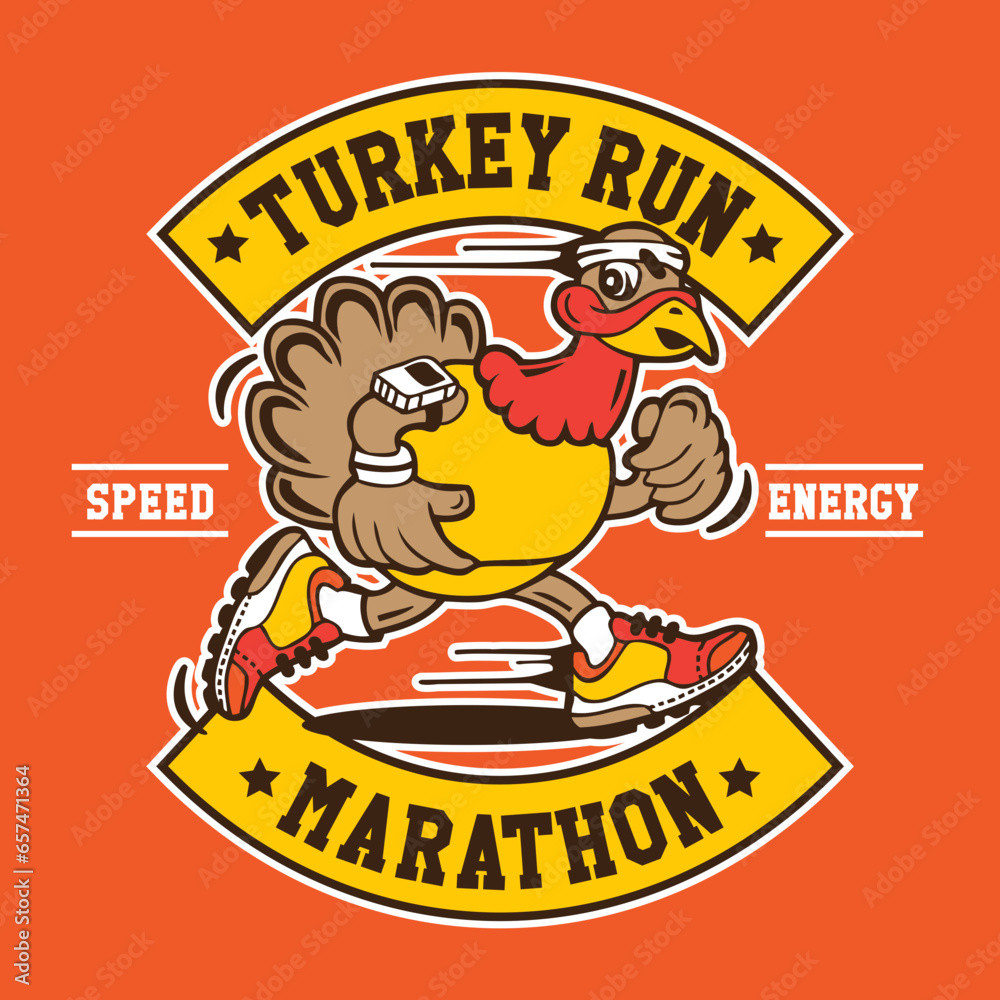Turkey Run Hand Drawing Vector Illustration Marathon Patch Emblem Badge
