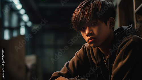 A young Thai teenage boy in despair in a cinematic Style