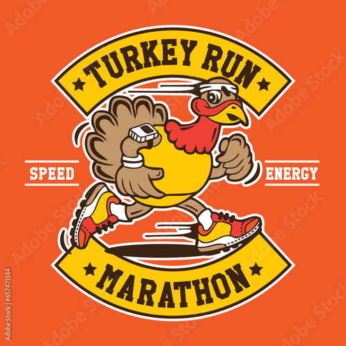 Turkey Run Hand Drawing Vector Illustration Marathon Patch Emblem Badge Vector Design
