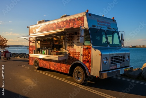 Food truck parked near a scenic waterfront, serving fresh seafood dishes, Generative AI