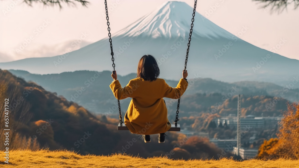 asian woman traveler on a swing against background of Mount Fuji,Japan in autumn