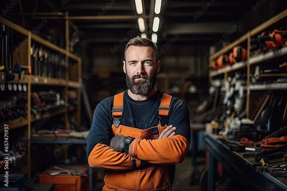 A handsome young maintenance worker with a beard stands and smiles looking at the camera. Behind it is where his work tools are stored A handsome young maintenance worker with a beard stands and smiles looking at the camera. Behind it is where his work tools are stored