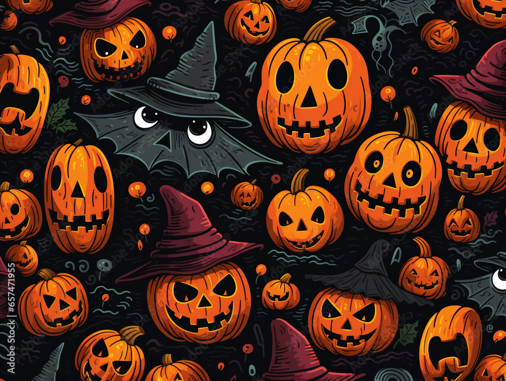 Happy halloween banner with pumpkins in hats on black background Happy halloween banner with pumpkins in hats on black background