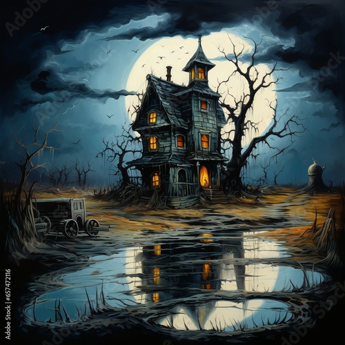 Cartoon Halloween spooky house. Illustrations of a Spooky House for Halloween. Colorful illustration of an old creepy haunted house. Fairytale and fantasy design. AI Generated.