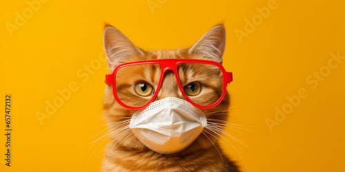 Closeup portrait of ginger cat wearing sunglasses and protective medical mask.