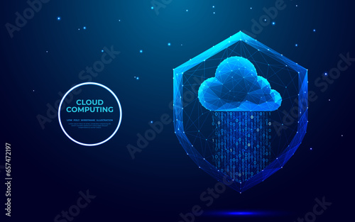 Abstract security shield and glowing blue cloud with binary code in low poly wireframe style. Database security concept on technology background. Futuristic polygonal hologram vector illustration.