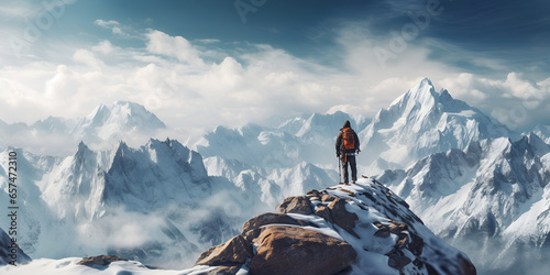 Hiker looking at tall snow covered mountain, A mountain landscape with a man standing on a snowy mountain top., A man stands in front of a mountain with a backpack and a backpack. GENERATIVE AI

 photo