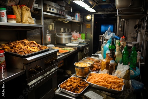 Food truck's interior kitchen, capturing the organized chaos of cooking in a confined space, Generative AI
