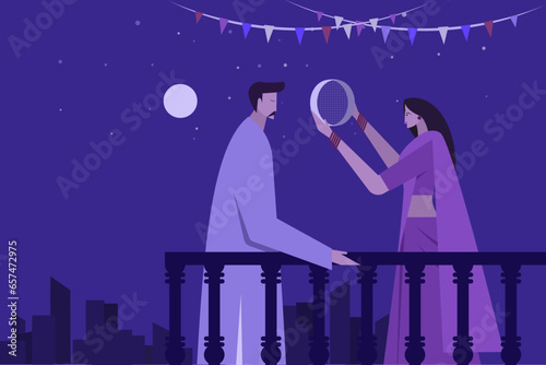 Illustration of an Indian woman performing religious ritual 'Karwa Chauth'by looking her husband through a sieve