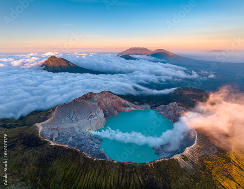 Aerial view of mount Kawah Ijen volcano crater at sunrise, East Java, Indonesia photo