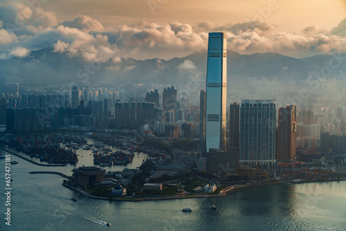 Aerial view of Hong Kong Central district and Victoria Harbour at sunrise, China
