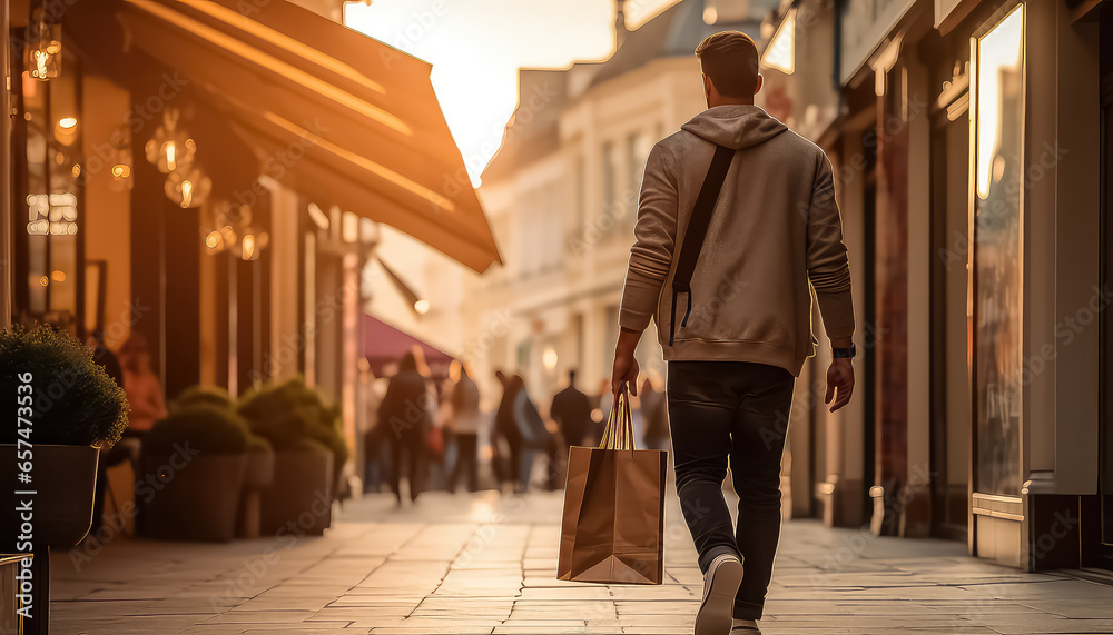 Man walking through the city with shopping bag