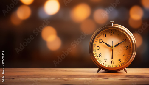Clock on background blurred lights, christmas and new year concept
