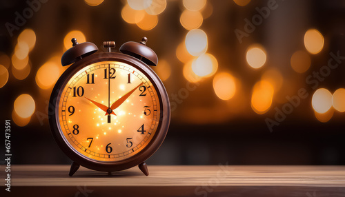 Clock on background blurred lights, christmas and new year concept